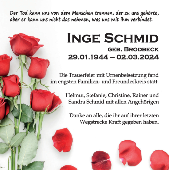 Traueranzeige von Inge Schmid von Alb-Bote/Metzinger-Uracher Volksblatt