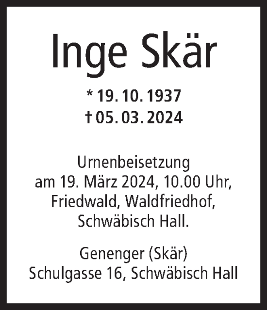 Traueranzeige von Inge Skär von Haller Tagblatt