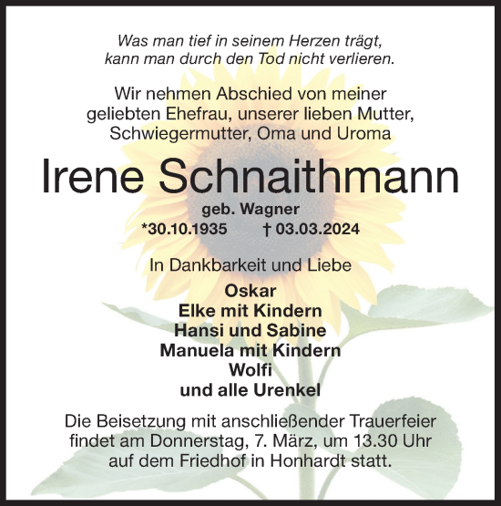 Traueranzeige von Irene Schnaithmann von Hohenloher Tagblatt