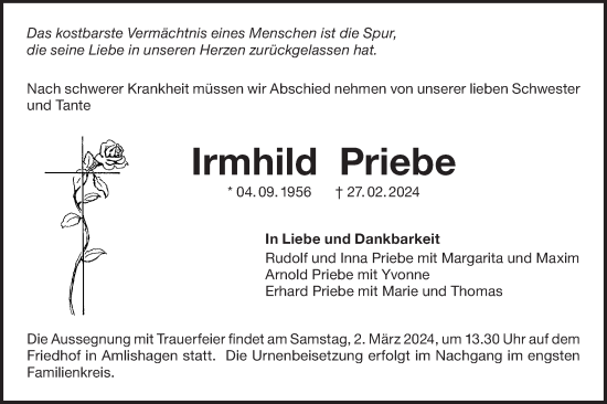 Traueranzeige von Irmhild Priebe von Hohenloher Tagblatt