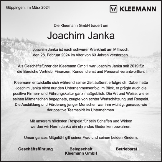 Traueranzeige von Joachim Janka von NWZ Neue Württembergische Zeitung