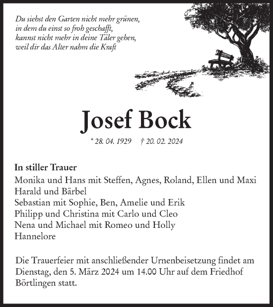 Traueranzeige von Josef Bock von NWZ Neue Württembergische Zeitung