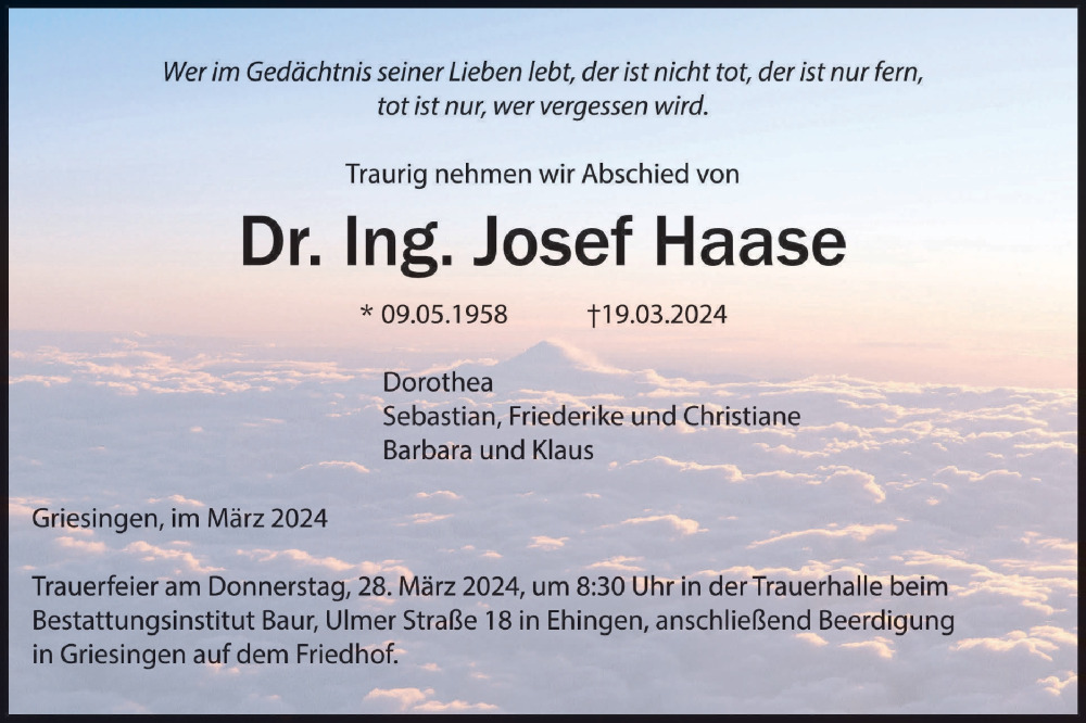  Traueranzeige für Josef Haase vom 23.03.2024 aus Ehinger Tagblatt