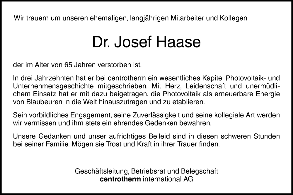  Traueranzeige für Josef Haase vom 23.03.2024 aus SÜDWEST PRESSE Ausgabe Ulm/Neu-Ulm/SÜDWEST PRESSE Ausgabe Ulm/Neu-Ulm
