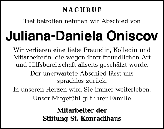 Traueranzeige von Juliana-Daniela Oniscov von Ehinger Tagblatt
