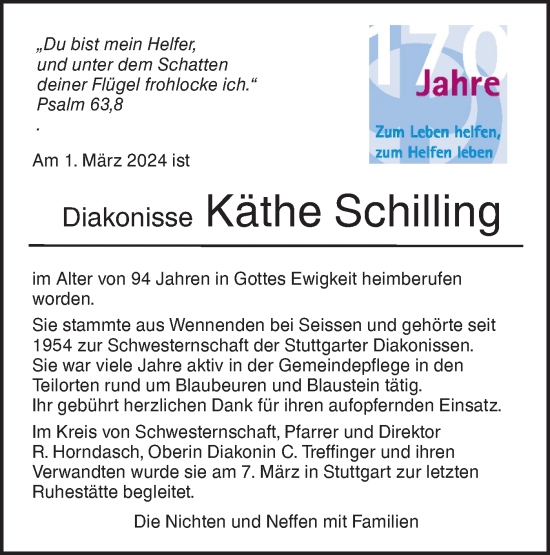Traueranzeige von Käthe Schilling von Das Blaumännle