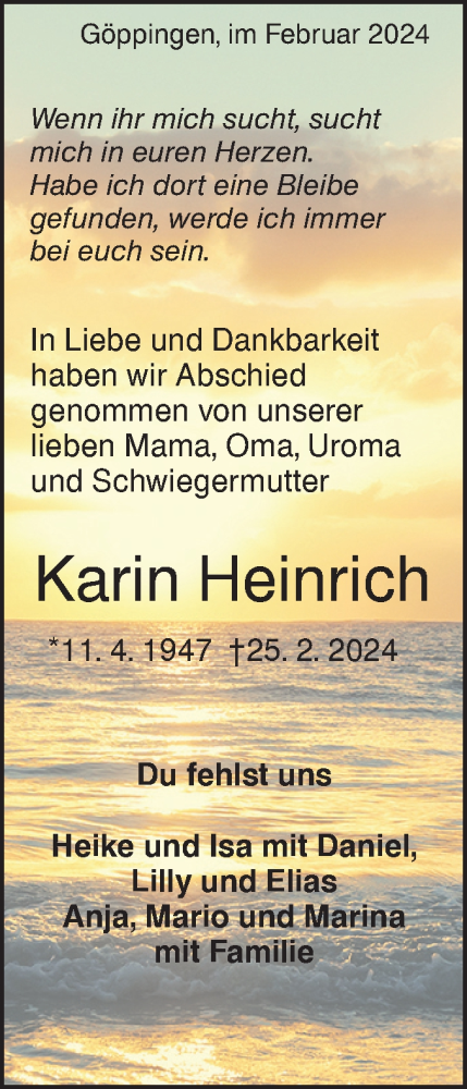 Traueranzeige von Karin Heinrich von NWZ Neue Württembergische Zeitung