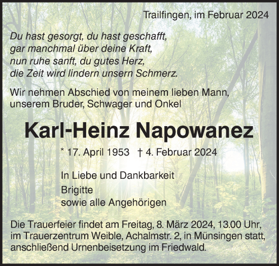 Traueranzeige von Karl-Heinz Napowanez von Alb-Bote/Metzinger-Uracher Volksblatt