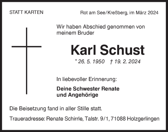 Traueranzeige von Karl Schust von Hohenloher Tagblatt