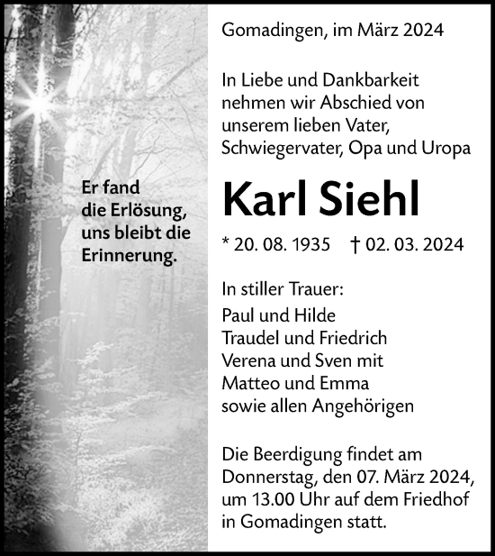 Traueranzeige von Karl Siehl von Alb-Bote/Metzinger-Uracher Volksblatt