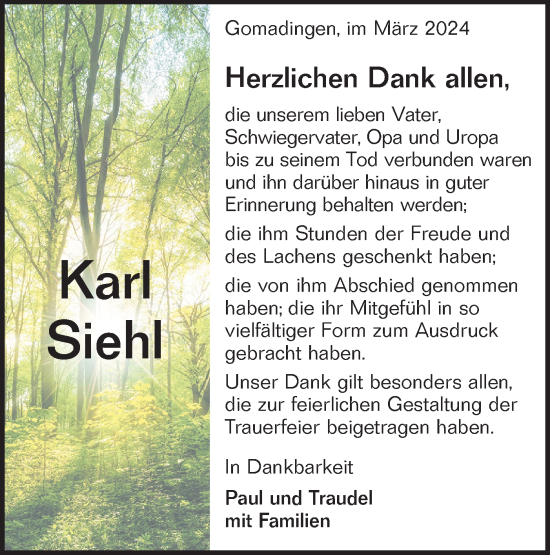 Traueranzeige von Karl Siehl von Alb-Bote/Metzinger-Uracher Volksblatt