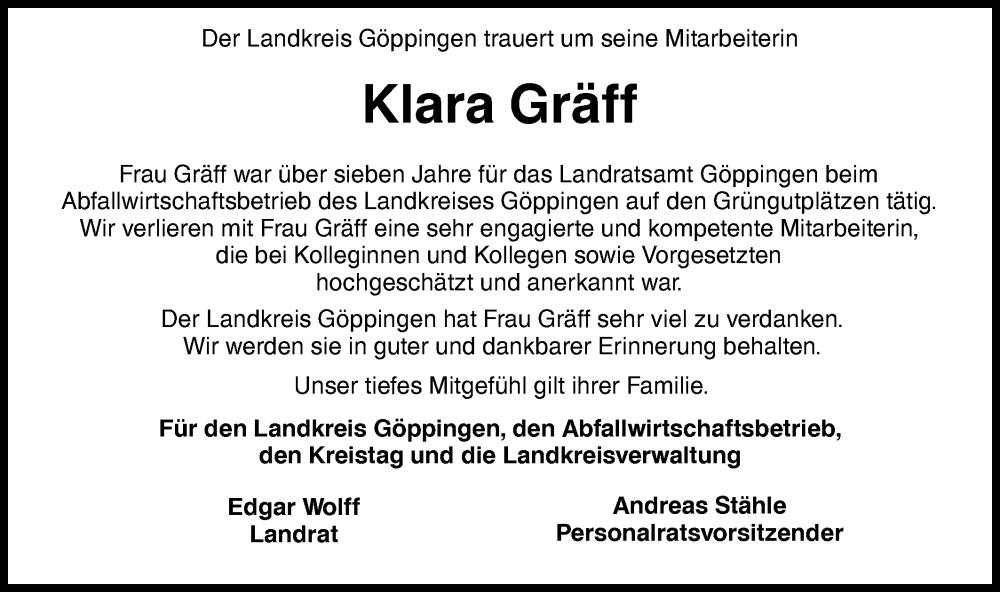  Traueranzeige für Klara Gräff vom 22.03.2024 aus NWZ Neue Württembergische Zeitung/Geislinger Zeitung