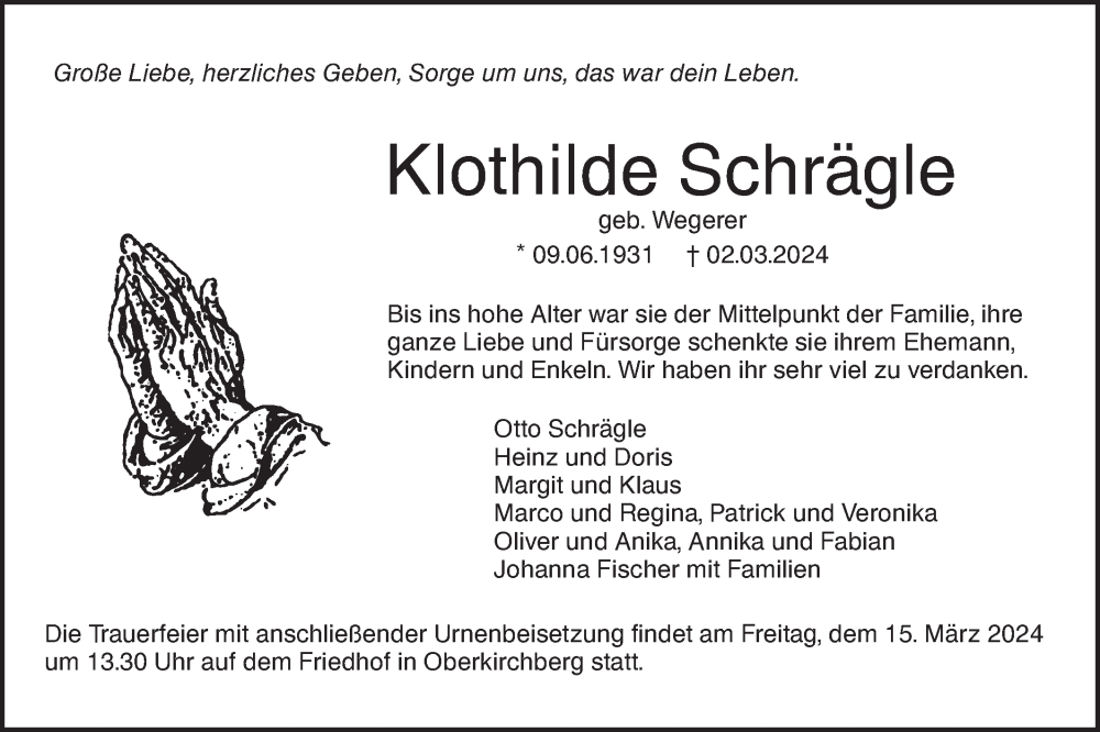  Traueranzeige für Klothilde Schrägle vom 09.03.2024 aus SÜDWEST PRESSE Ausgabe Ulm/Neu-Ulm