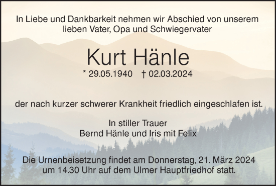 Traueranzeige von Kurt Hänle von SÜDWEST PRESSE Ausgabe Ulm/Neu-Ulm