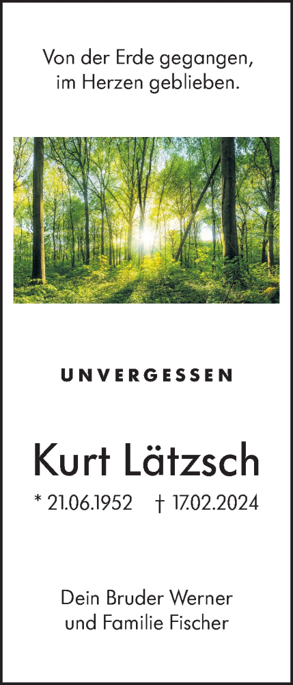 Traueranzeige von Kurt Lätzsch von SÜDWEST PRESSE Ausgabe Ulm/Neu-Ulm