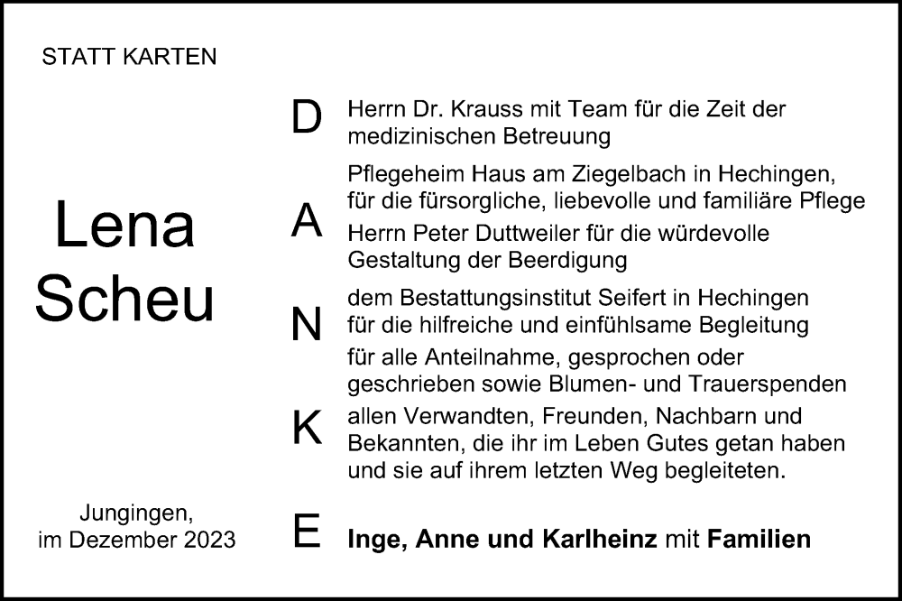  Traueranzeige für Lena Scheu vom 06.12.2023 aus Hohenzollerische Zeitung