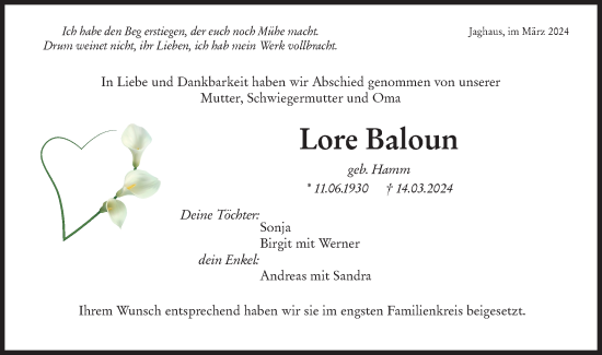 Traueranzeige von Lore Baloun von Rundschau Gaildorf