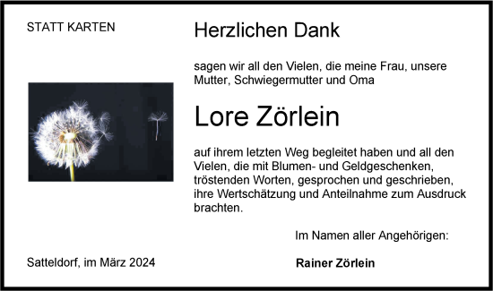 Traueranzeige von Lore Zörlein von Hohenloher Tagblatt