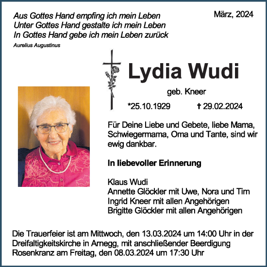 Traueranzeige von Lydia Wudi von SÜDWEST PRESSE Ausgabe Ulm/Neu-Ulm