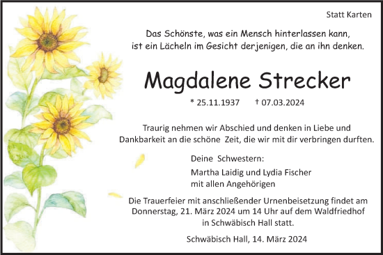 Traueranzeige von Magdalene Strecker von Haller Tagblatt