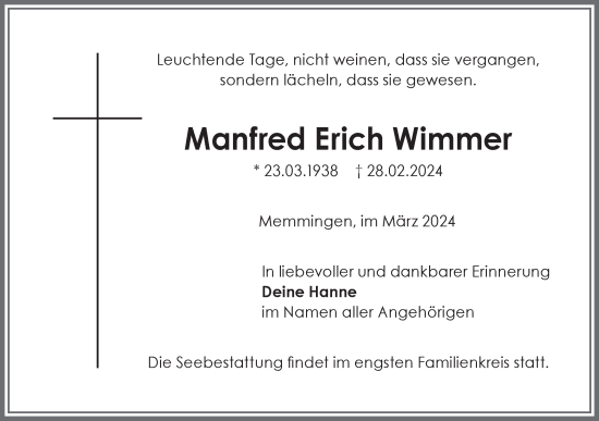 Traueranzeige von Manfred Erich Wimmer von SÜDWEST PRESSE Ausgabe Ulm/Neu-Ulm