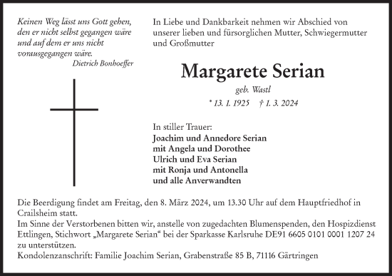 Traueranzeige von Margarete Serian von Hohenloher Tagblatt