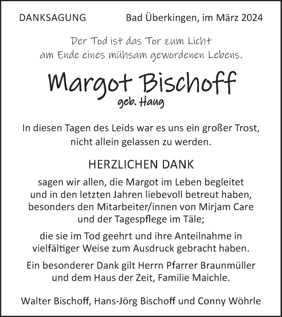 Traueranzeige von Margot Bischoff von Geislinger Zeitung