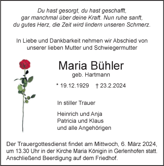 Traueranzeige von Maria Bühler von SÜDWEST PRESSE Ausgabe Ulm/Neu-Ulm