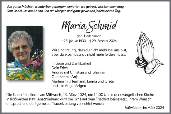 Traueranzeige von Maria Schmid von NWZ Neue Württembergische Zeitung