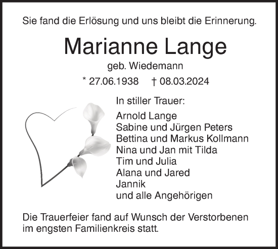 Traueranzeige von Marianne Lange von SÜDWEST PRESSE Ausgabe Ulm/Neu-Ulm
