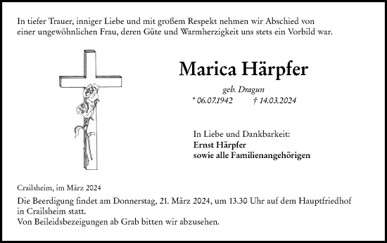 Traueranzeige von Marica Härpfer von Hohenloher Tagblatt