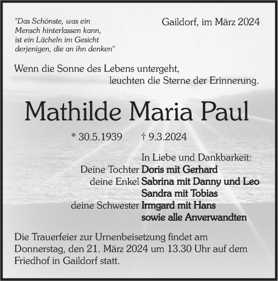Traueranzeige von Mathilde Maria Paul von Rundschau Gaildorf