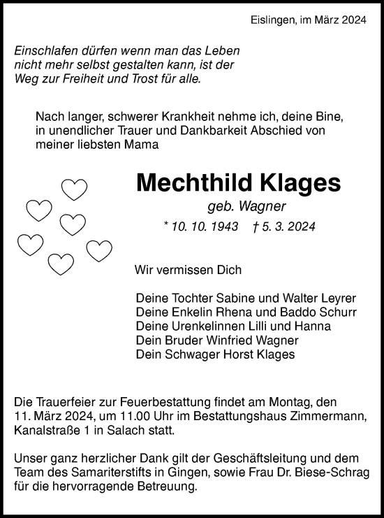 Traueranzeige von Mechthild Klages von NWZ Neue Württembergische Zeitung