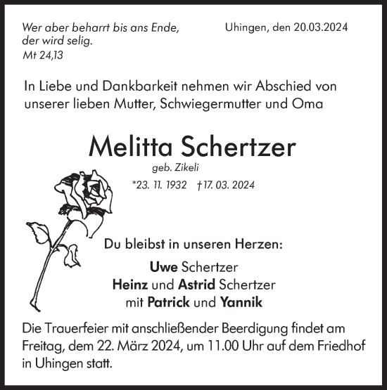 Traueranzeige von Melitta Schertzer von NWZ Neue Württembergische Zeitung