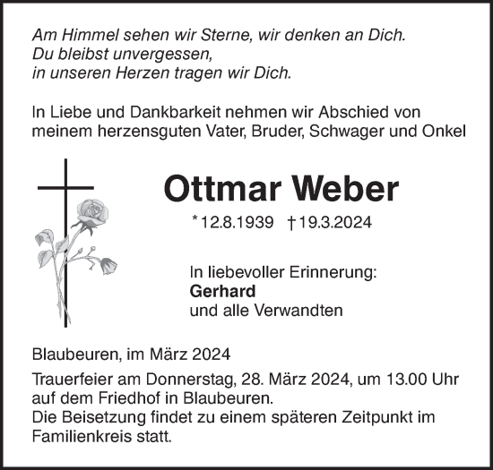 Traueranzeige von Ottmar Weber von SÜDWEST PRESSE Ausgabe Ulm/Neu-Ulm