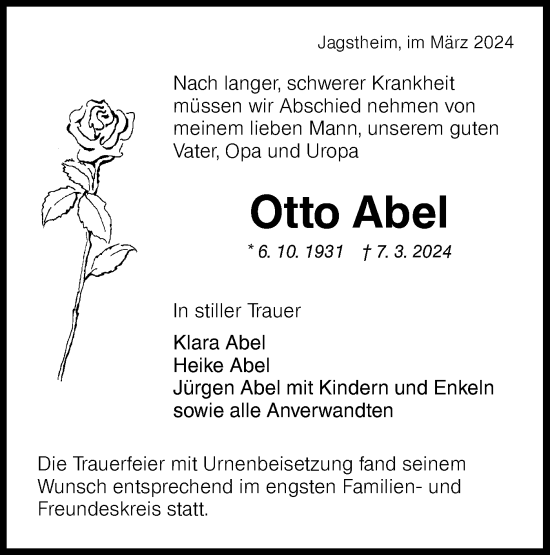 Traueranzeige von Otto Abel von Hohenloher Tagblatt