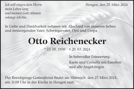 Traueranzeige von Otto Reichenecker von Alb-Bote/Metzinger-Uracher Volksblatt
