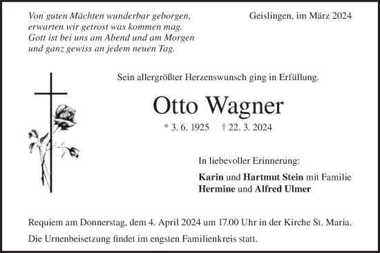 Traueranzeige von Otto Wagner von Geislinger Zeitung