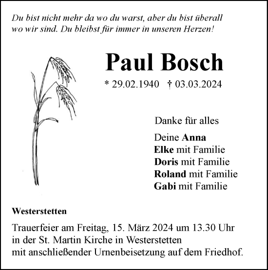 Traueranzeige von Paul Bosch von SÜDWEST PRESSE Ausgabe Ulm/Neu-Ulm