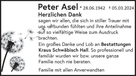 Traueranzeige von Peter Asel von Haller Tagblatt