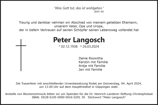 Traueranzeige von Peter Langosch von NWZ Neue Württembergische Zeitung