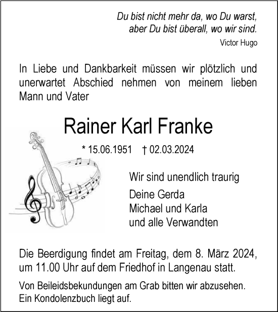 Traueranzeige von Rainer Karl Franke von SÜDWEST PRESSE Ausgabe Ulm/Neu-Ulm