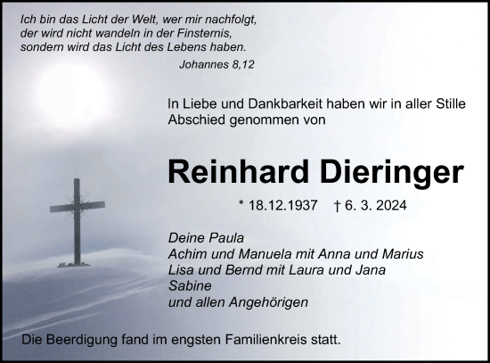 Traueranzeige von Reinhard Dieringer von SÜDWEST PRESSE Zollernalbkreis/Hohenzollerische Zeitung