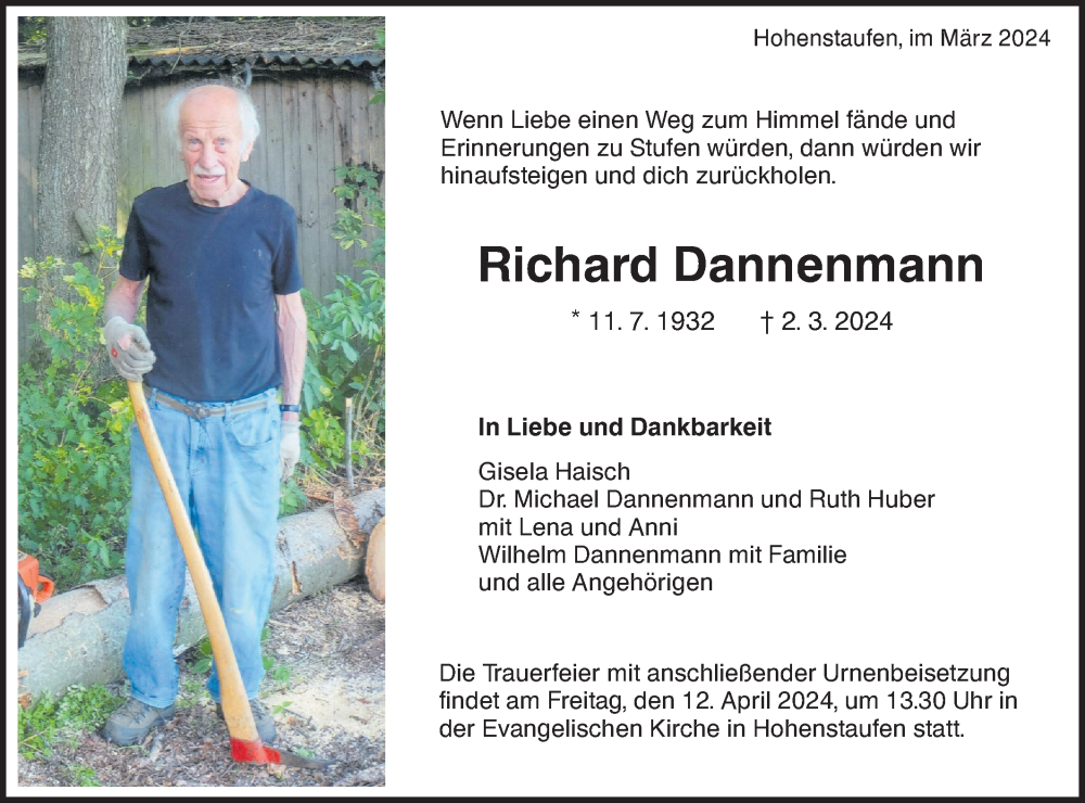  Traueranzeige für Richard Dannenmann vom 16.03.2024 aus NWZ Neue Württembergische Zeitung