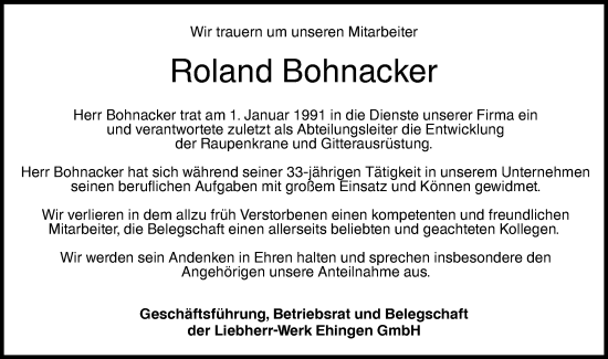 Traueranzeige von Roland Bohnacker von SÜDWEST PRESSE Ausgabe Ulm/Neu-Ulm