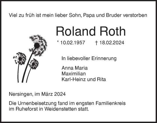 Traueranzeige von Roland Roth von SÜDWEST PRESSE Ausgabe Ulm/Neu-Ulm