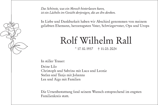 Traueranzeige von Rolf Wilhelm Rall von Alb-Bote/Metzinger-Uracher Volksblatt