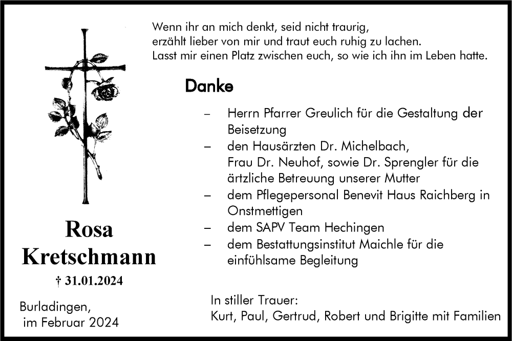  Traueranzeige für Rosa Kretschmann vom 02.03.2024 aus Hohenzollerische Zeitung