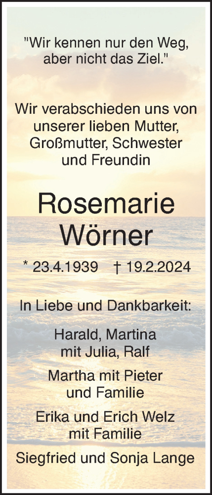Traueranzeige von Rosemarie Wörner von SÜDWEST PRESSE Ausgabe Ulm/Neu-Ulm