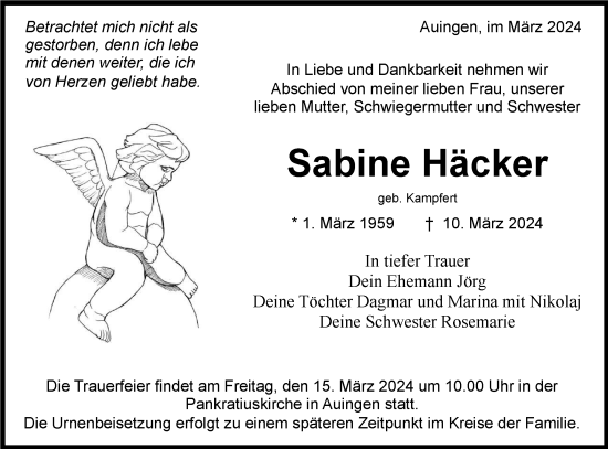Traueranzeige von Sabine Häcker von Alb-Bote/Metzinger-Uracher Volksblatt